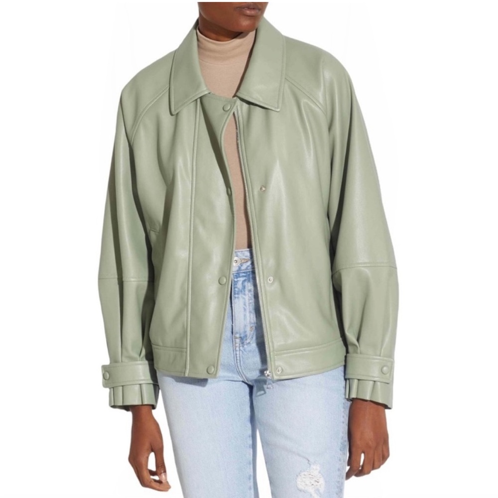 Green faux leather jacket with ruffled sleeves